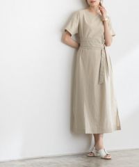 リネン風サッシュベルト付きワンピース