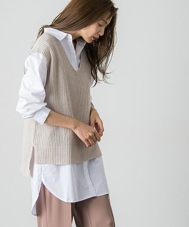 ニットベスト×ロングシャツセット【予約：8月中旬発送予