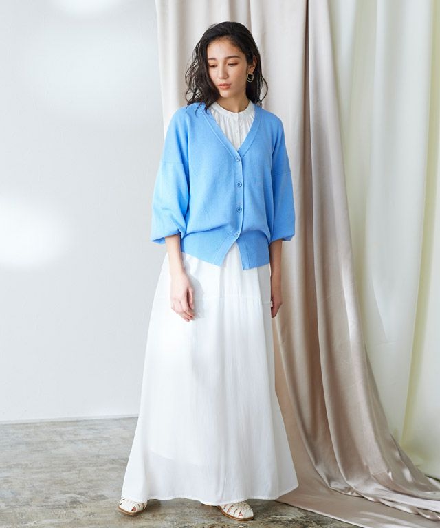 美品✨マーレット シャツワンピース 22年 ギャザー バンドカラー ライトブルー アウトレットSALE！】バンドカラーフレアシャツワンピース【スピード