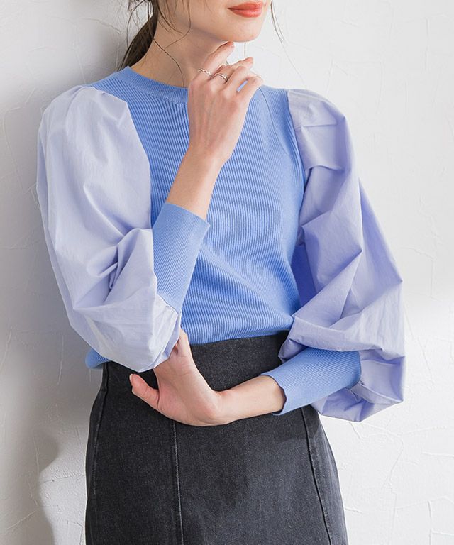 シルクタッチ布帛切り替えボリュームスリーブニット