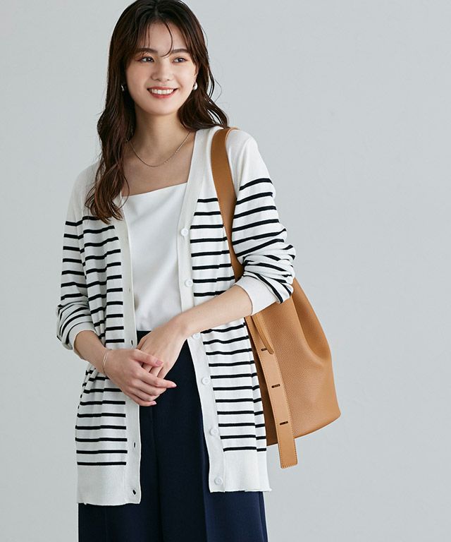 163cm / オフホワイト×ブラック / ロング丈 / Vネック / M