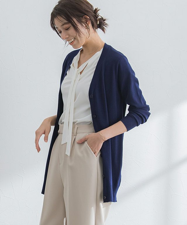 167cm / ネイビー / ロング丈 / Vネック / M