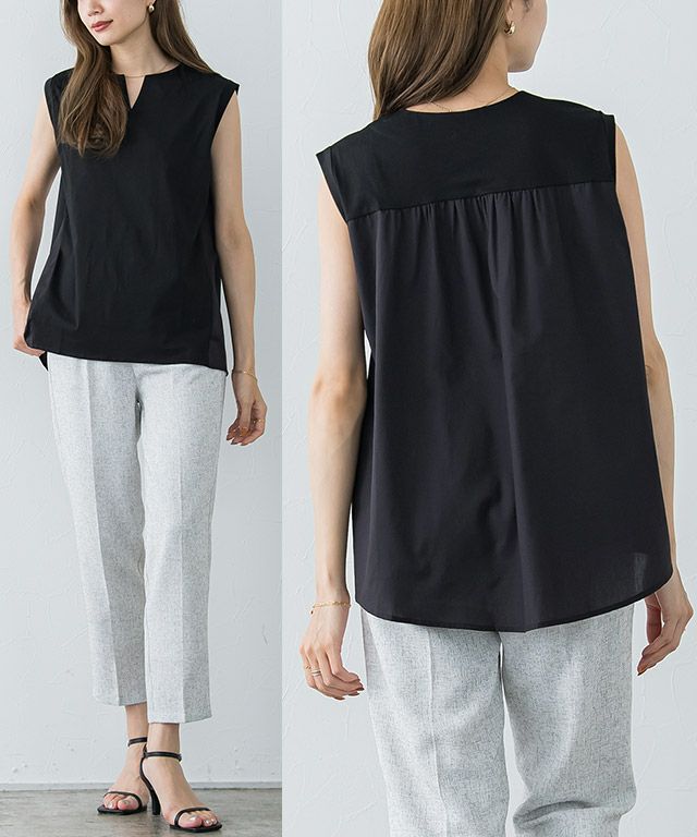 異素材切り替えキーネックカットソー