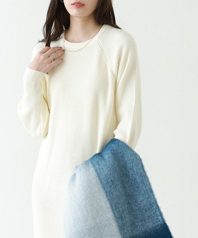 パフスリーブ ロングニットワンピース ホワイト/ブラック Pierrot限定サイズ】パフスリーブロングニットワンピース