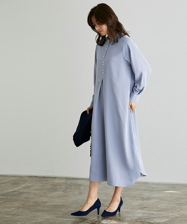 パールボタンワンピース カーキ 新色追加・洗える】パールボタンプリーツワンピース / Tiaclasse