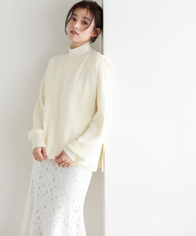 アウトレットSALE！】ハイネックベスト×パフスリーブニット