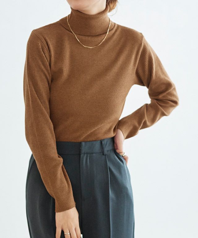 なめらか肌触り】タートルリブニット ネイビー ピンク グリーン