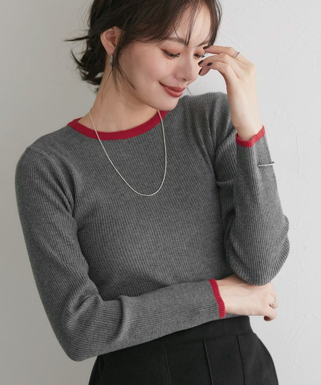 167cm / A / 杢Dグレー×レッド / クルーネック / M