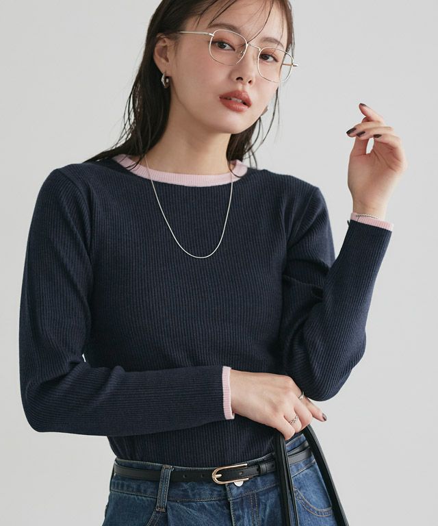 167cm / A / ネイビー×Lピンク / クルーネック / M
