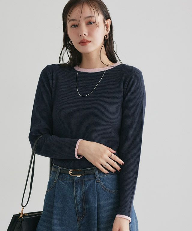 167cm / A / ネイビー×Lピンク / クルーネック / M