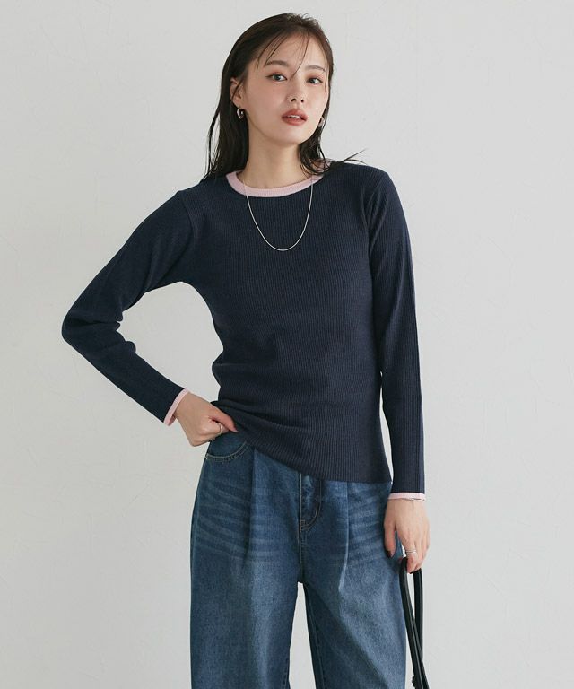 167cm / A / ネイビー×Lピンク / クルーネック / M