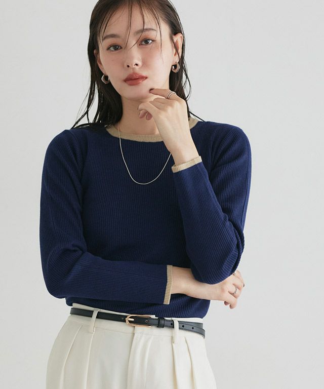 167cm / A / ネイビー×杢ベージュ / クルーネック / M