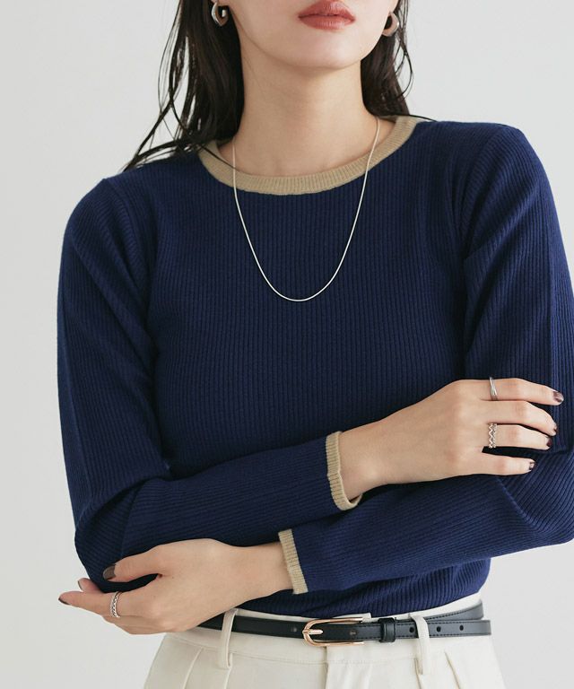 167cm / A / ネイビー×杢ベージュ / クルーネック / M