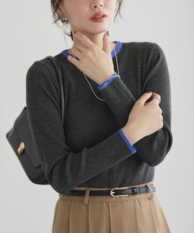 167cm / A / 杢チャコール×ブルー / クルーネック / M