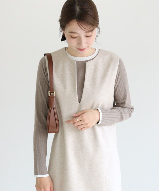 163cm / A / 杢グレージュ×オフホワイト / クルーネック / M