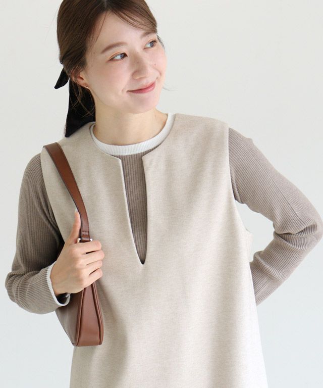 163cm / A / 杢グレージュ×オフホワイト / クルーネック / M