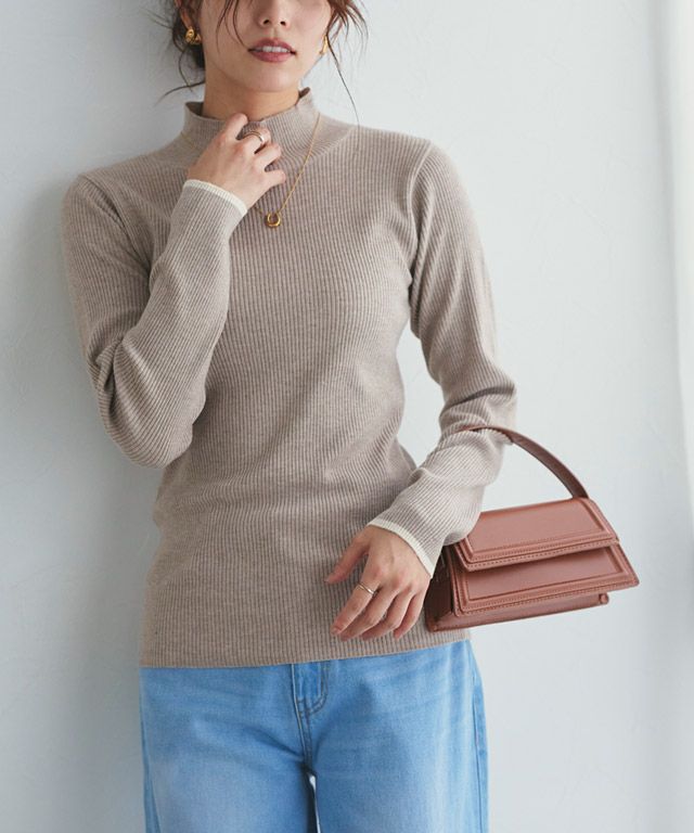 167cm / B / 杢グレージュ×アイボリー / ハイネック / M