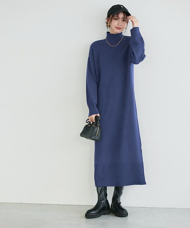 もっちりカシミヤタッチハイネックロングニットワンピース