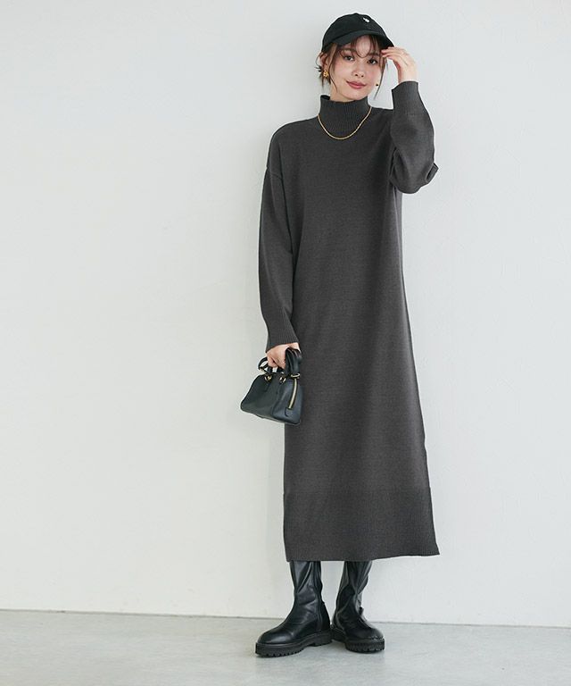 もっちりカシミヤタッチハイネックロングニットワンピース