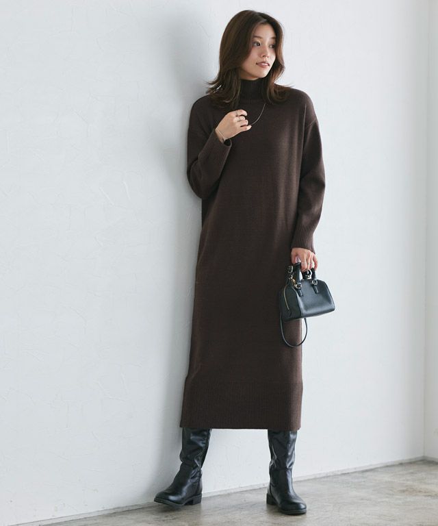 20%OFF】もっちりカシミヤタッチハイネックロングニットワンピース 