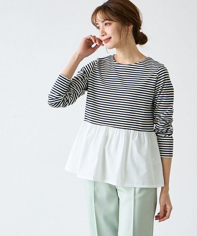 異素材ドッキングフリルギャザーカットソー