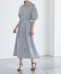 ストライプボリュームスリーブシャツワンピース