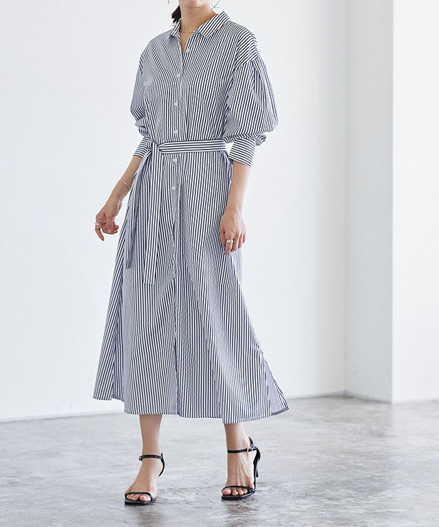 ストライプボリュームスリーブシャツワンピース
