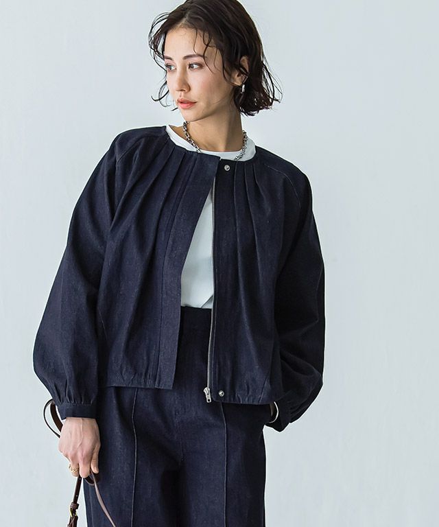 アンミヌ　　タックスリーブボリュームブルゾン RASW]デニムタックボリュームブルゾン ◇送料無料【スピード配送