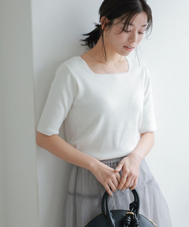 選べるネック多機能ニット5分袖トップス 【Pierrot】 【スピード配送