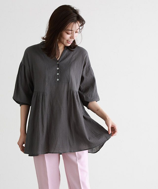 シェルボタンコットンボイルチュニックブラウス