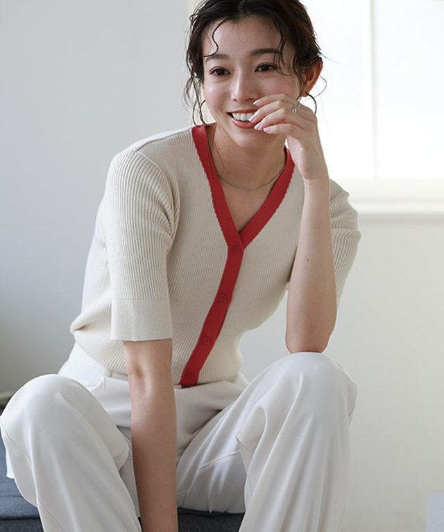 配色リブニットカーデ