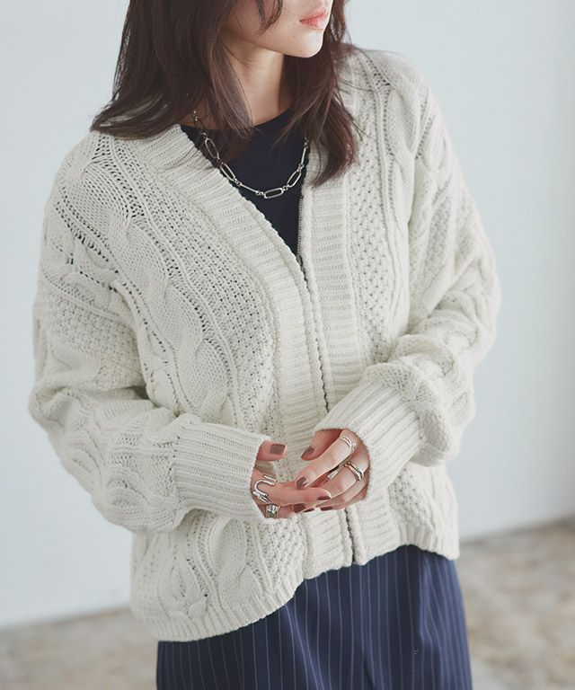 [RASW] ウール混ケーブルジップカーディガン