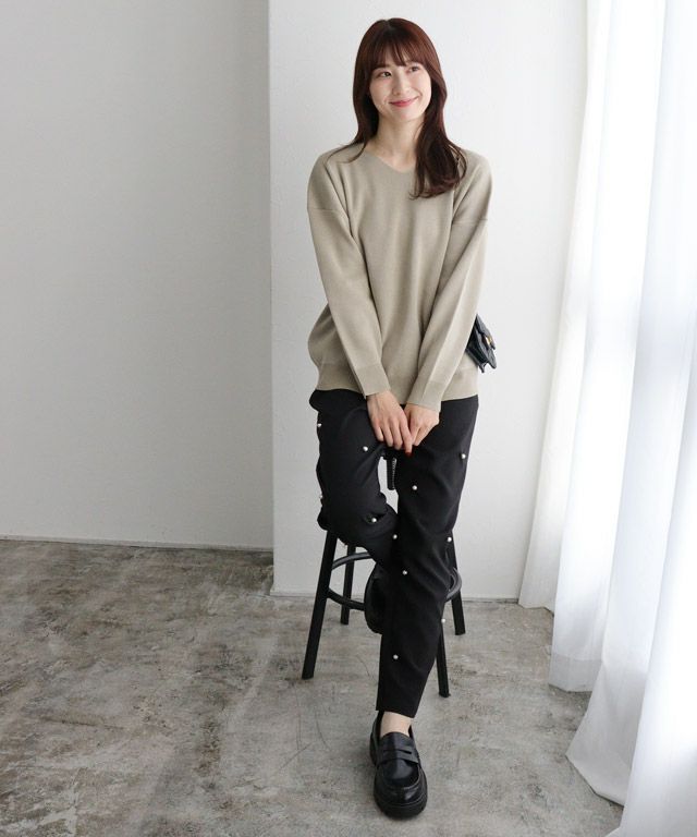 163cm / グレージュ / Vネック / M