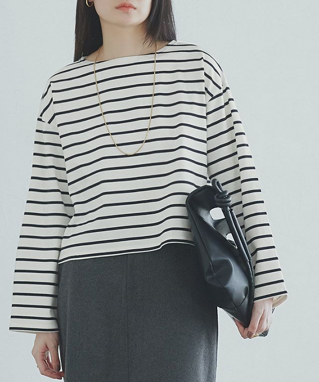 [RASW] 綿100%ボーダークロップドロンT