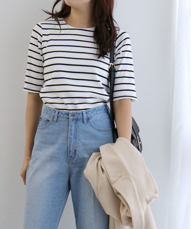 157cm / オフホワイト×ブラック / クルーネック / M