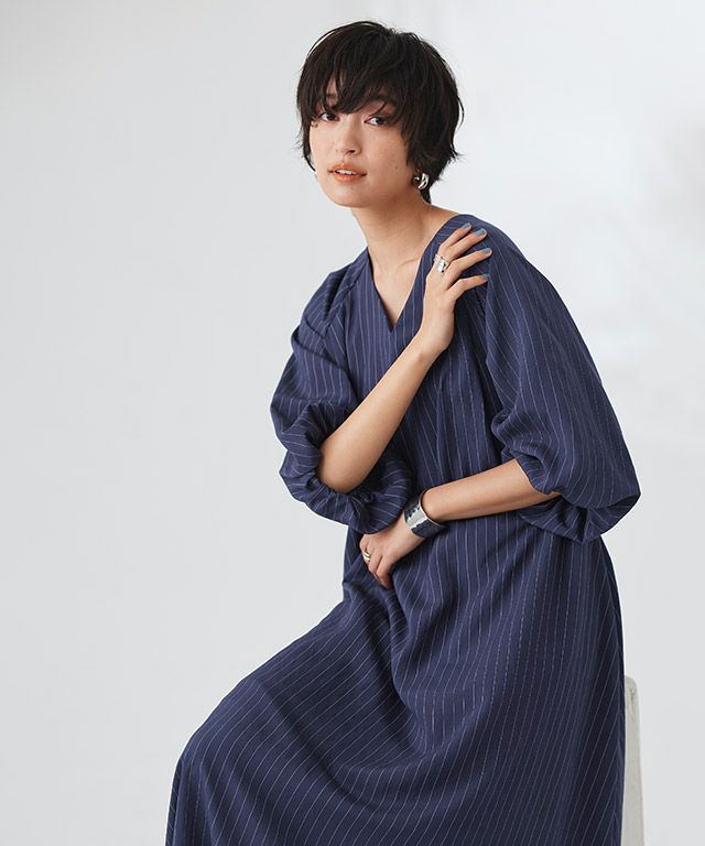 インナー付きストライプボリュームワンピース