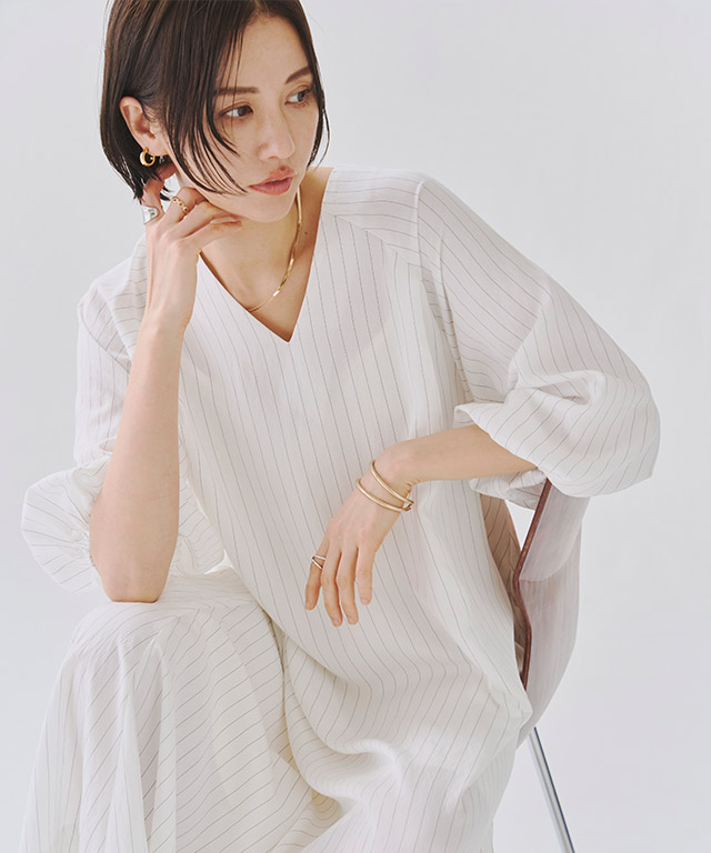 インナー付きストライプボリュームワンピース