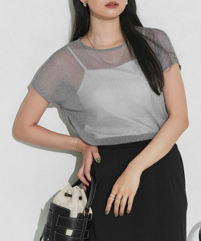 166cm / ラメ / グレー / フレンチスリーブ / M