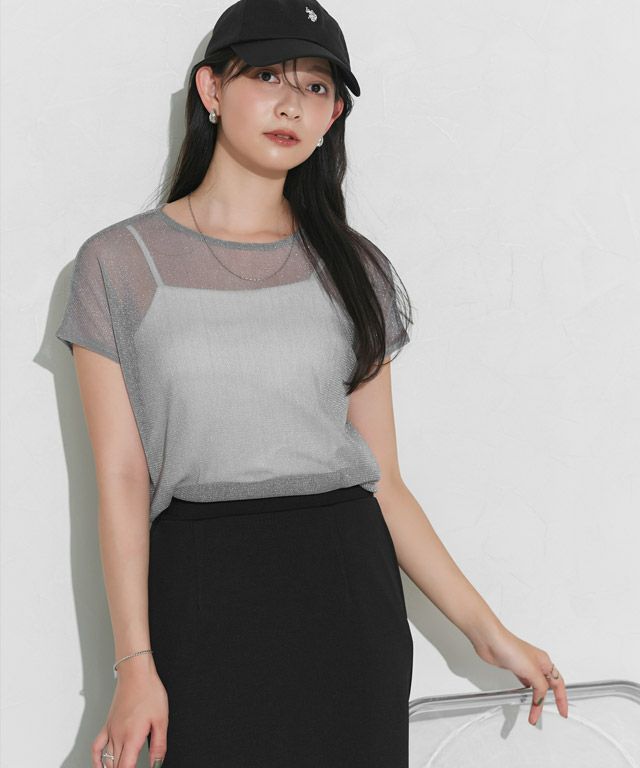 166cm / ラメ / グレー / フレンチスリーブ / M