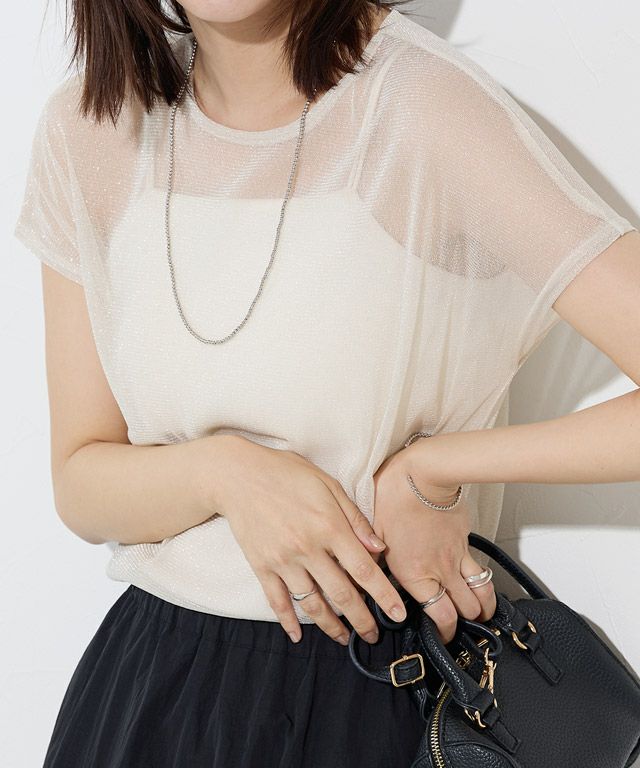 167cm / ラメ / ライトベージュ / フレンチスリーブ / M