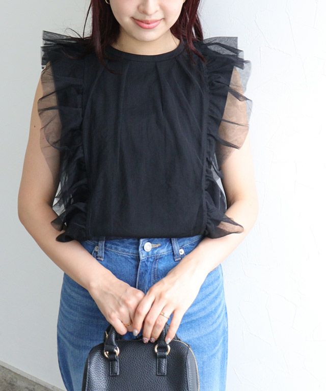【タグ付】TO BE CHIC UVカット フリル カットソー（40 黒） セール】 【接触冷感】美人 フリルスリーブ カットソー