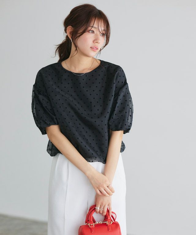 yori　ドットフロッキーダブルフレアブラウス　ブラック　38 半袖 美品 yori ドットフロッキーダブルフレアブラウス ペプラム半袖