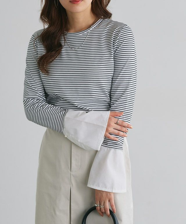 166cm / ボーダー / クルーネック / パールカフス / M