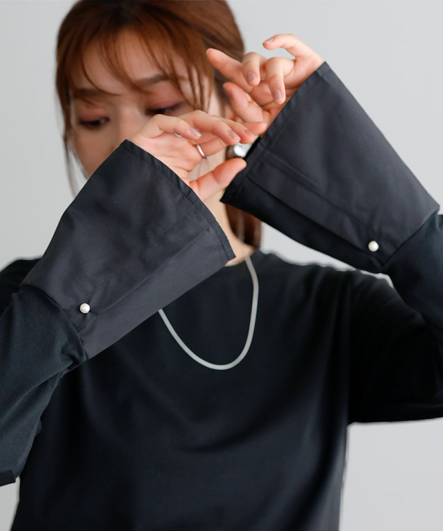 167cm / ブラック / クルーネック / パールカフス / M