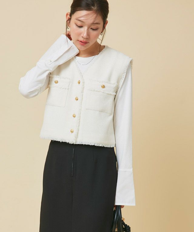 166cm / オフホワイト / クルーネック / パールカフス / M