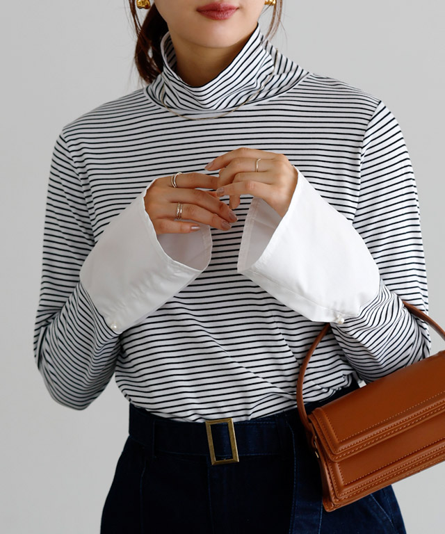 166cm / オフホワイト / タートルネック / パールカフス / M