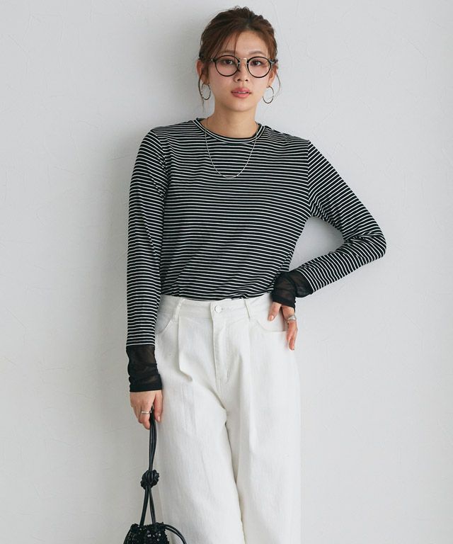 166cm / ボーダー / クルーネック / シアーカフス / M