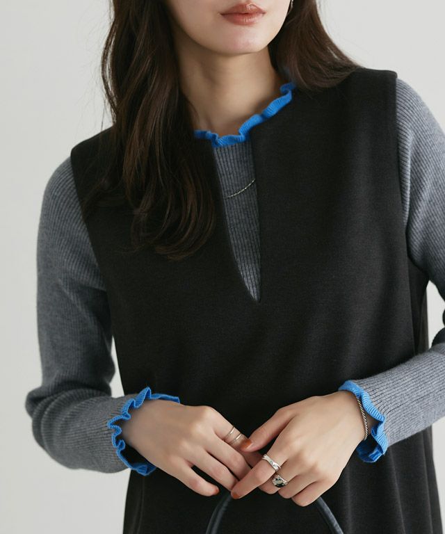 167cm / 杢グレー×ブルー / クルーネック / M