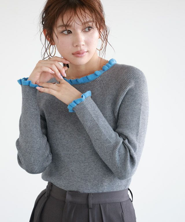 166cm / 杢グレー×ブルー / クルーネック / M