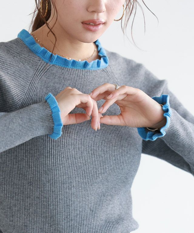 166cm / 杢グレー×ブルー / クルーネック / M